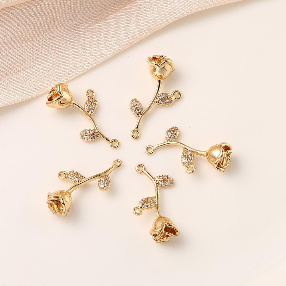 Gold three-dimensional diamond-set rose accessories DIY stud earrings necklace zircon pendant, handmade bracelet pendant material