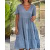 Fashion Women's Summer V Neck Casual Fashion Solid Color Pullover  Dress
