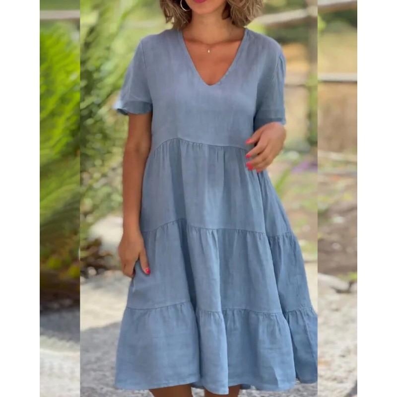 Fashion Women's Summer V Neck Casual Fashion Solid Color Pullover  Dress