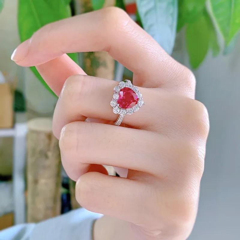 SpringLady Argent Sterling 925 8*8mm Rubis Cœur Diamants Haute Carbone Bagues Pour Femmes Mariage Bijoux Fins Cadeaux