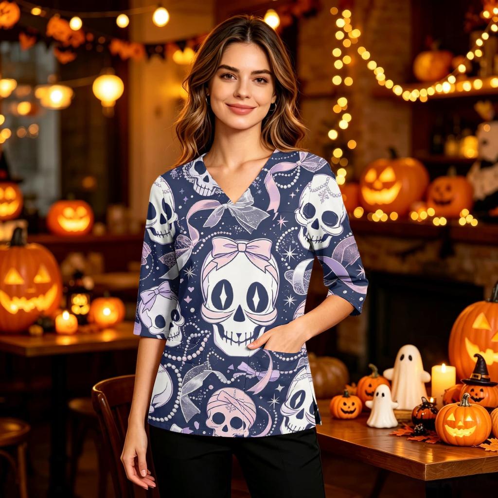 Women's Casual Uniform Top with Halloween Print, V-Neck, Pockets, Side Slit and Three-Quarter Sleeves