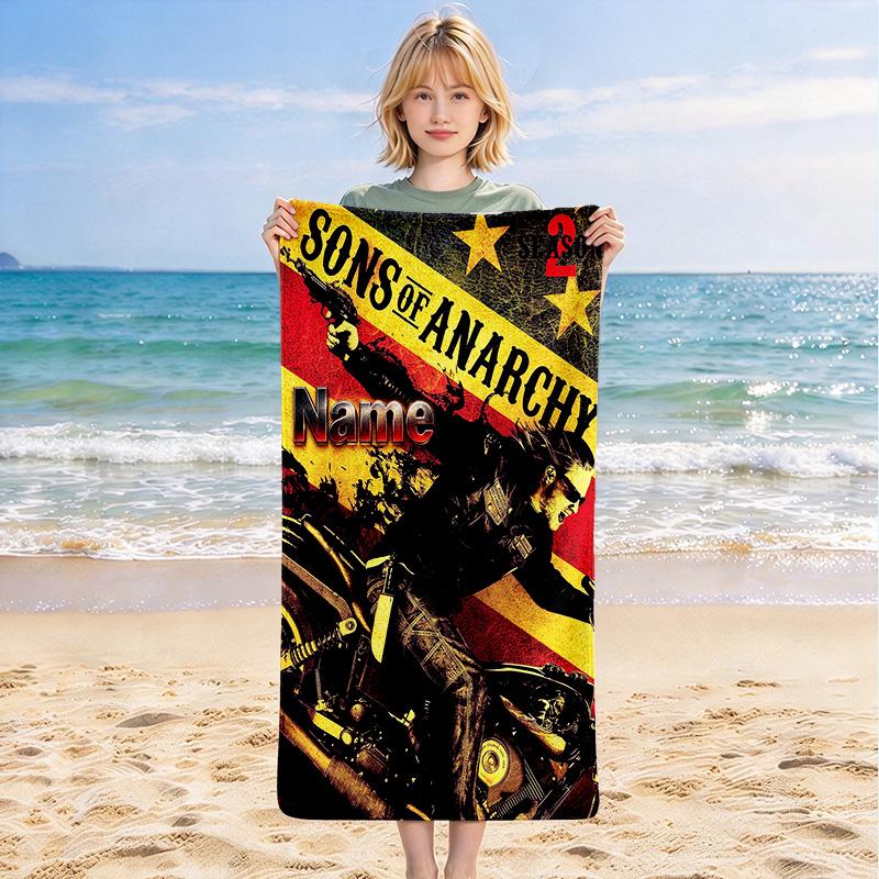 Custom Name Biker Anarchy Stylish Digital Printing Beach Towel Quick‑Drying Absorbent Blanket for Beach Pool Gym Travel