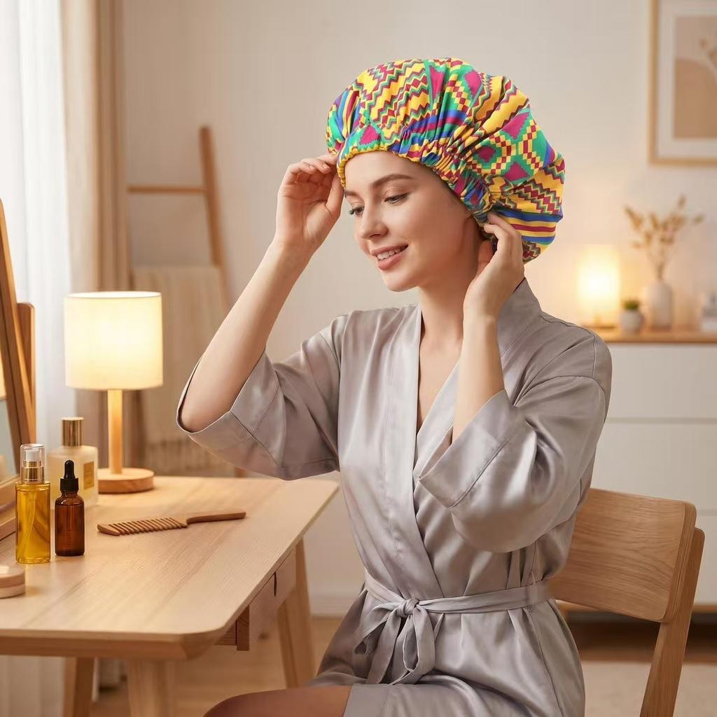 Custom Logo African Print Satin Bonnet Adjustable Double Layer Hair Bonnet Curly Hair Reversible Silky Sleep Cap Night Wrap