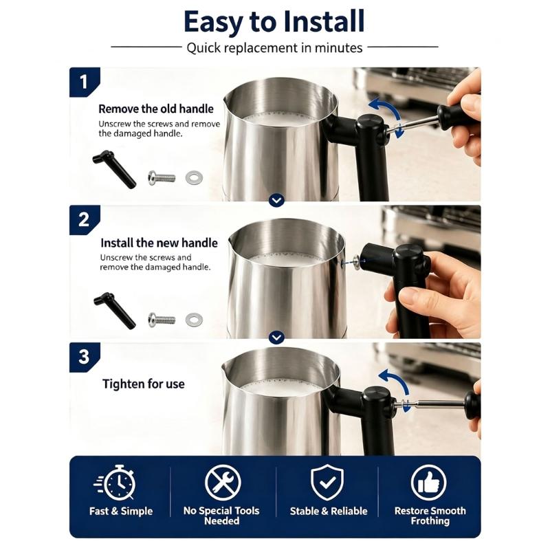 Coffee-Machine Milk Pitcher Handle Replacement, Black PLA Cylindrical Grip and Right-Angle Form for a Worn or Damaged Pitcher Handle