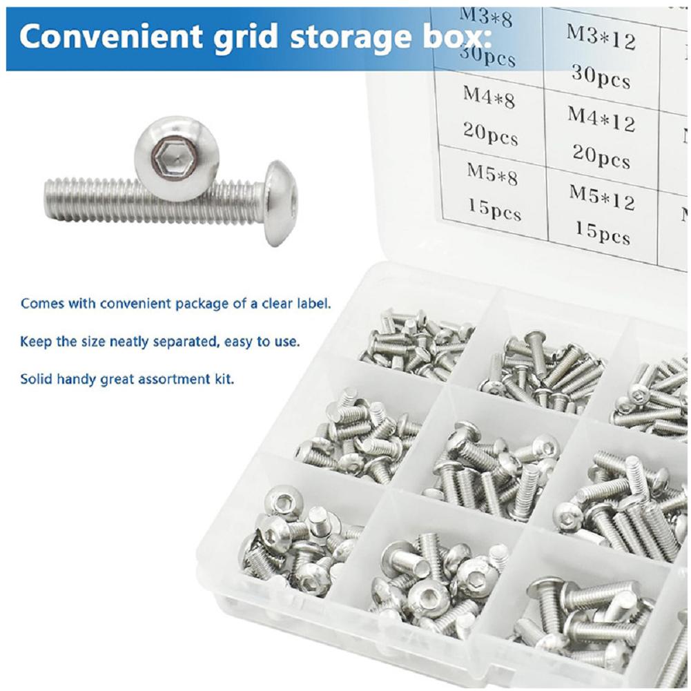 500 Pieces Stainless Steel Hex Socket Head Bolt Set M3/M4/M5 with Nuts and Washers for Industrial and Household Repair Use