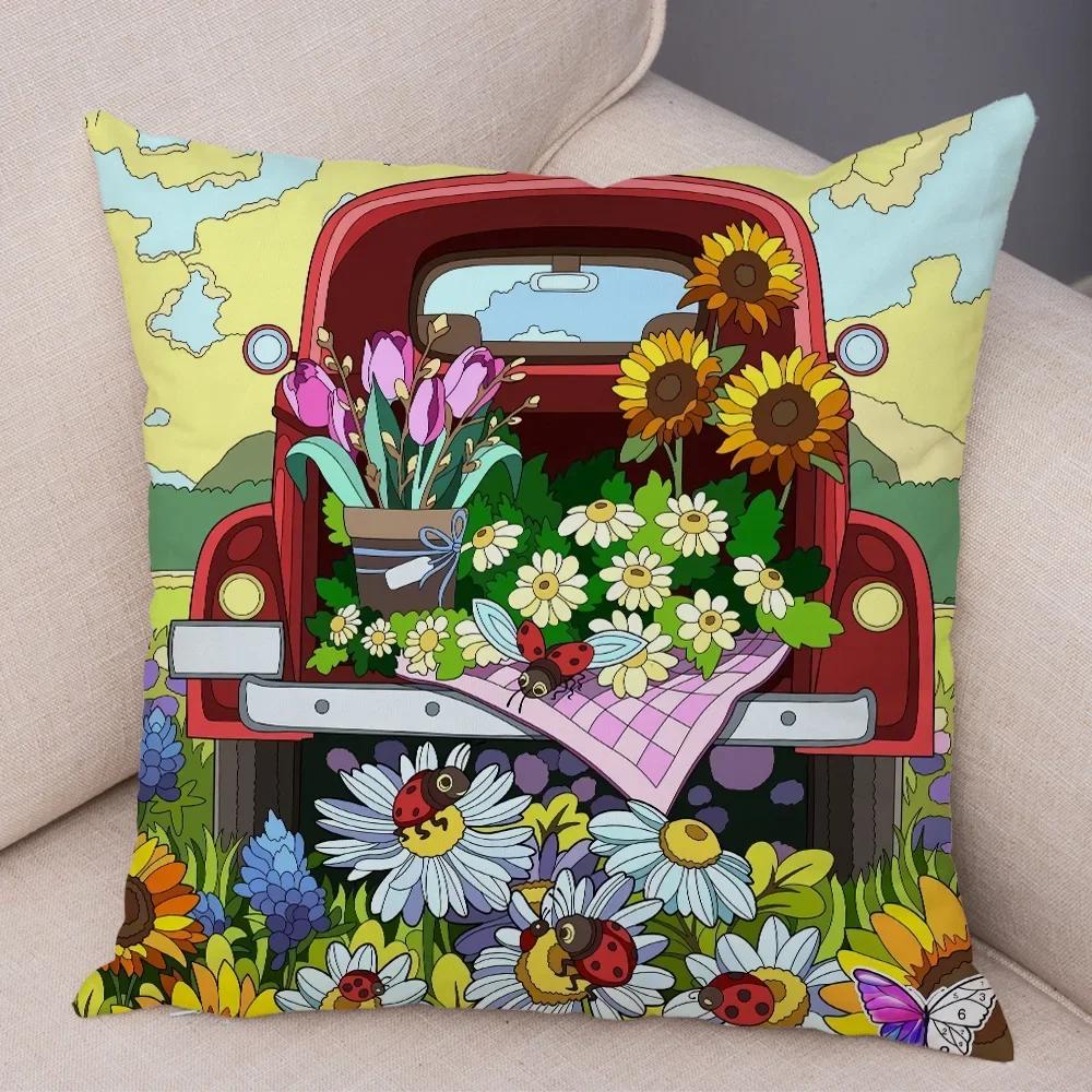 Pillowcase Happy Camper Cartoon House Travel Car Cushion Cover Sofa Home Super Soft