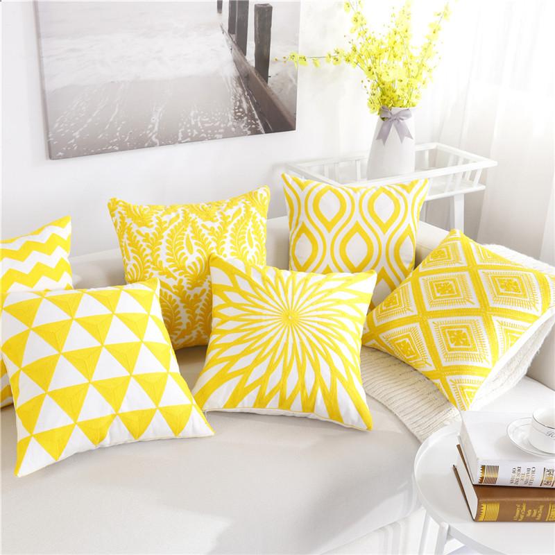 45x45cm Yellow Geometric Cotton Embroidery Sofa Cushion Cover Home Living Room Decoration