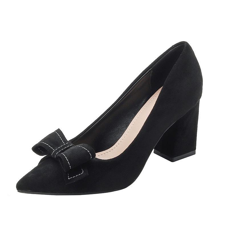Women's French-Style Suede High Heels: Spring/Autumn 2024, Black, All-Match, Thick Heel, Shallow Mouth