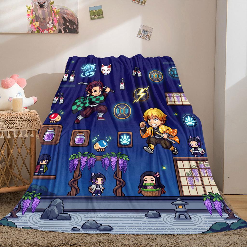 Demon Slayer Deluxe 2D Cartoon Flannel Blanket, Printed Art for Sofa, Soft Bedding for Travel Picnic Rug_LIAN