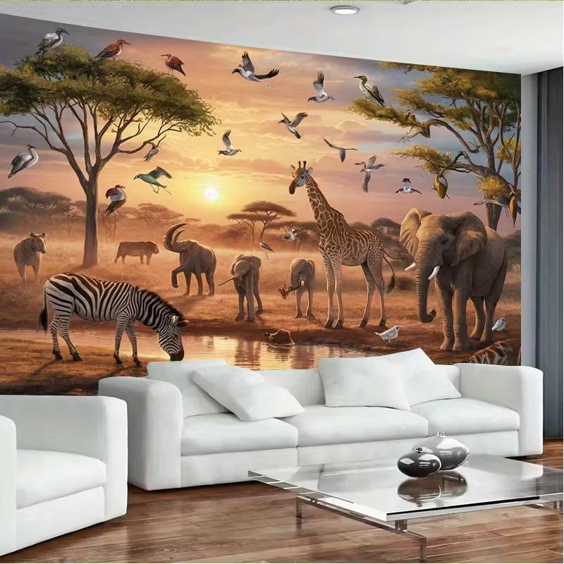 Realistic Savanna Party Backdrop African Animals and Acacia Trees Background Banner