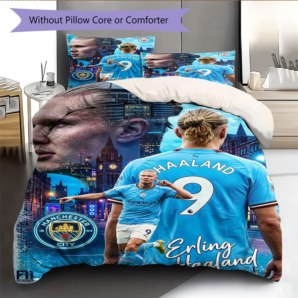 Set Copripiumino Trapuntato con Immagine del Giocatore Erling Haaland Federa Decorazione per la Casa Regalo di Compleanno (1 * copripiumino + 2 * federa, senza nucleo)
