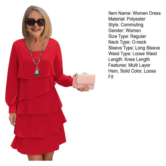 Women Dress Solid Color Multi Layered Cake Dress Round Neck