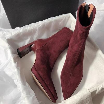 Fashion High-heeled Waterproof Platform Solid-colored Skinny Boots, Chunky-heeled Pointed-toe Women's Boots, Rear Zipper Short Boots