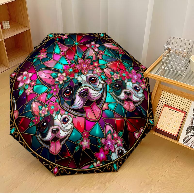 

Stained Glass Dog with Heart Printed umbrella windproof folding umbrella portable sun and rain umbrella suitable for gifting