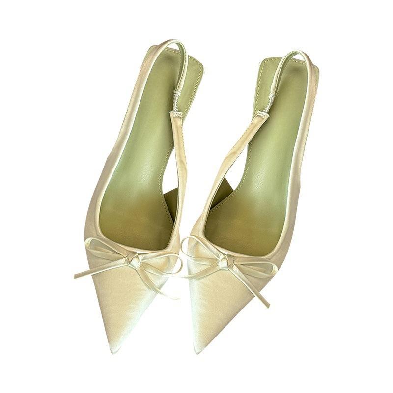 Green wonderland! Satin pointed head bow high heels women's spring light mouth empty sandals