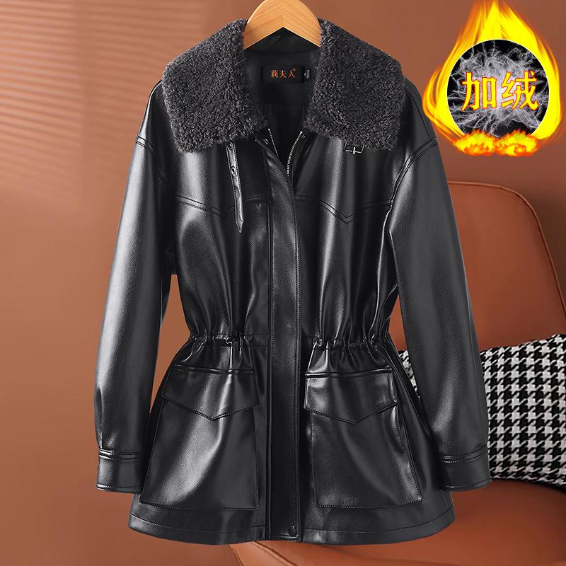 Fleece thickened leather jacket women's medium and long winter new foreign-style fur integrated large-size coat