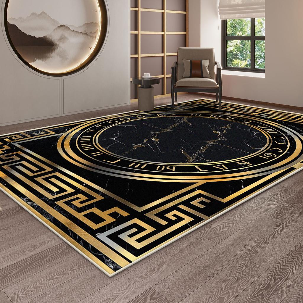 Luxury Black Gaming Room Decoration Carpet Marble Style Golden Border Living Room Rug Soft Non-slip Mat for Kids Easy Cleaning