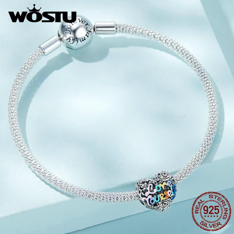 WOSTU Authentique Argent Sterling 925 coloré émail froid Cœur & Motif Tête Charms Perles conviennent pour Bracelet & Jonc pour Femmes Bijoux Fins