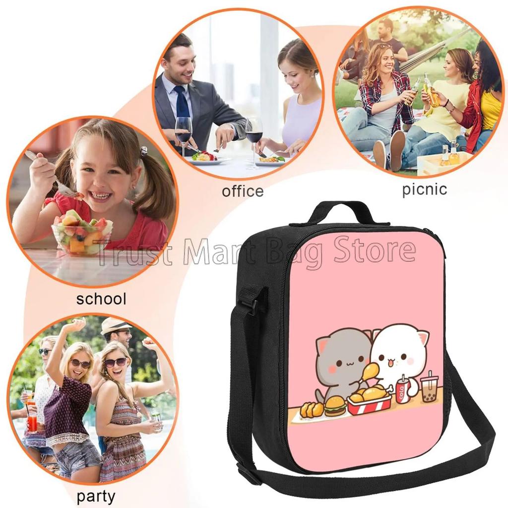 Cartoon Peach and Goma Mochi Cat Insulated Lunch Bag Resuable Leakproof Cooler Thermal Bento Bag with Adjustable Shoulder Strap
