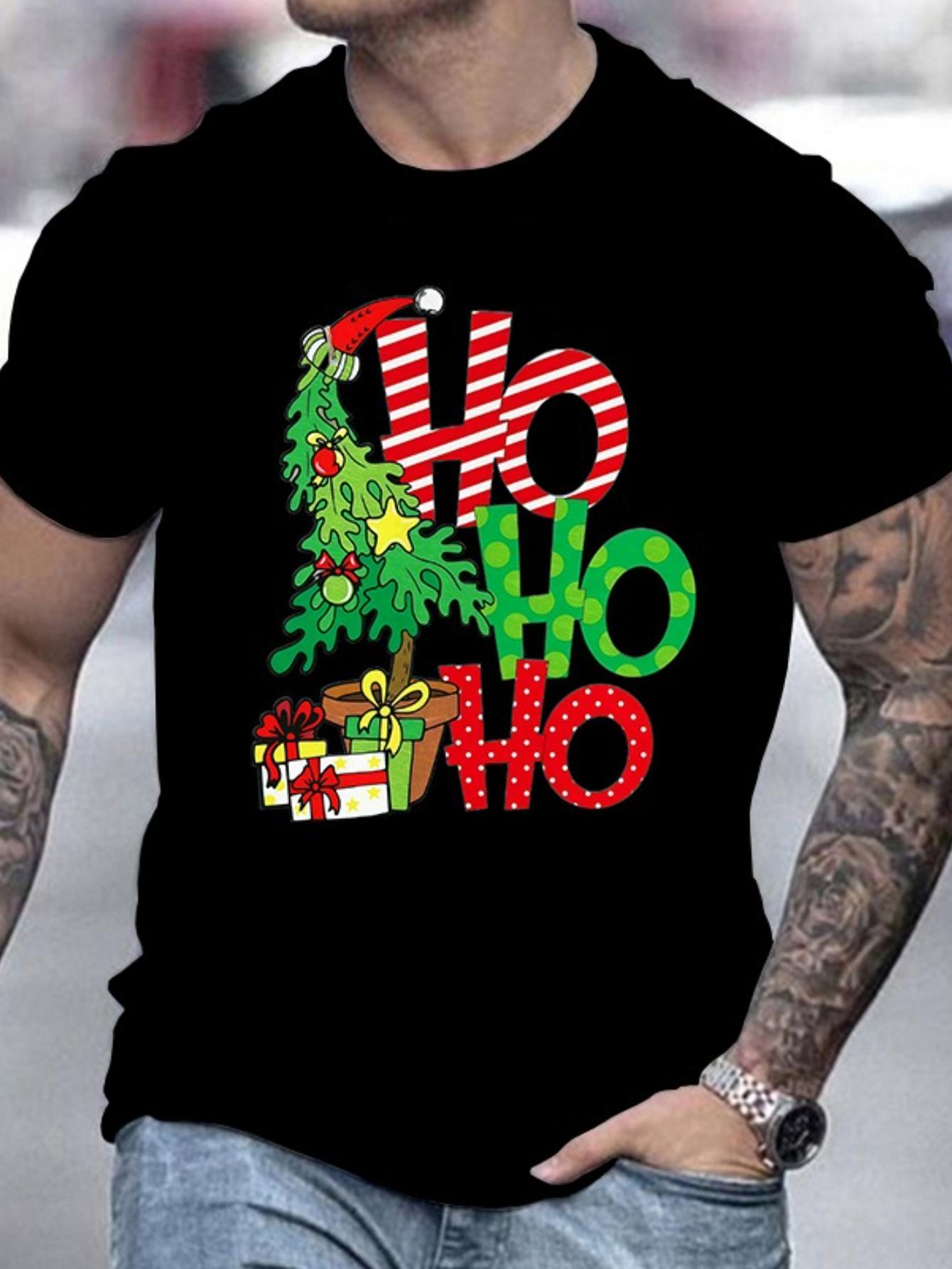 

Men S Ho Ho Ho Christmas T-Shirt - Festive Santa Hat & Tree Design, Red & Green Holiday Graphic, Casual Crew Neck Short Sleeve 5XL різнокольоровий