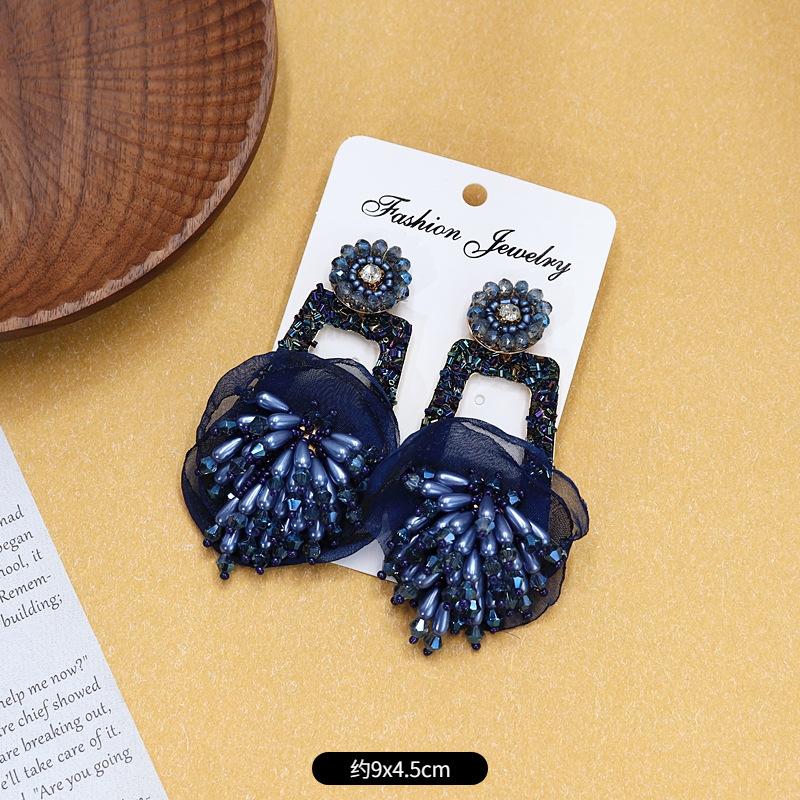 Bohemian Crystal Fringed Flower Large Circle Stud Earrings Women's Long Temperament Vacation Earrings Retro Earrings