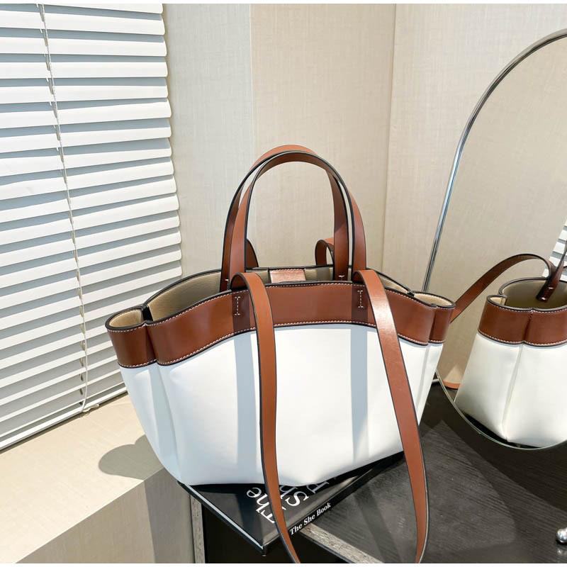 New Leather Basket Handbag Luxury Brand Designer Large Capacity Fashi Simple Ctrast Color Commuter Banquet Shoulder Tote Bag