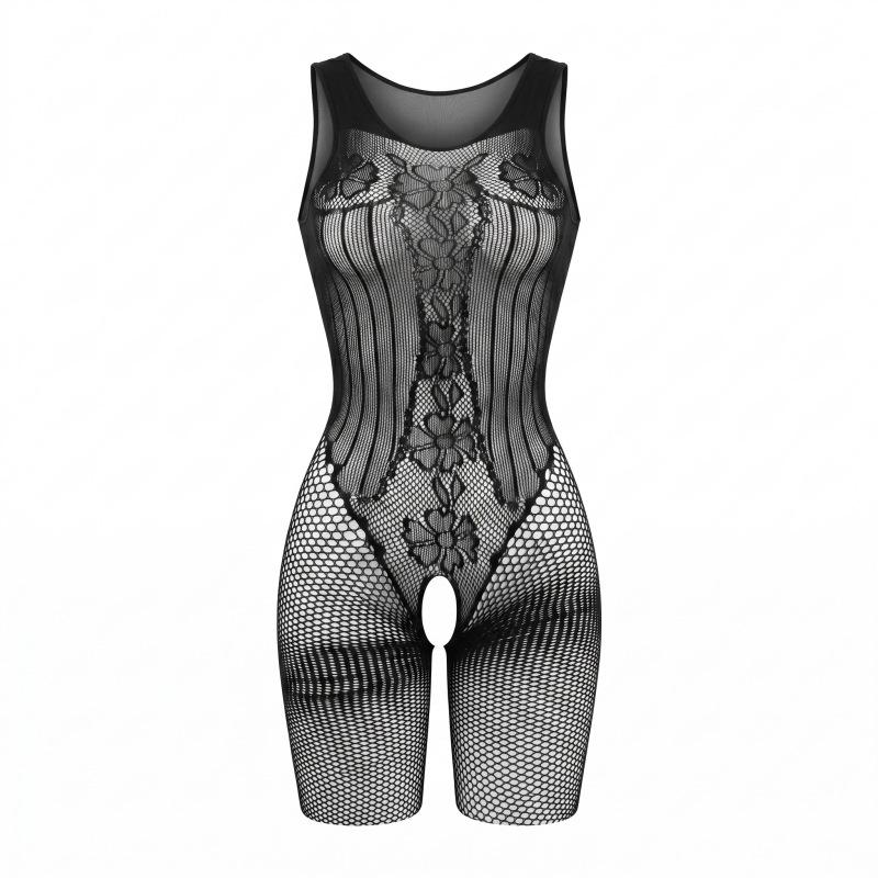 Women Sexy Hollow Out Mesh See Through Strap Crotchless Lingerie Set