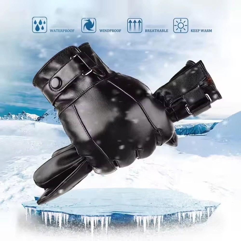 Thermal Fleece PU Leather Gloves Thickened Waterproof Gloves New Touch Screen Gloves Skiing