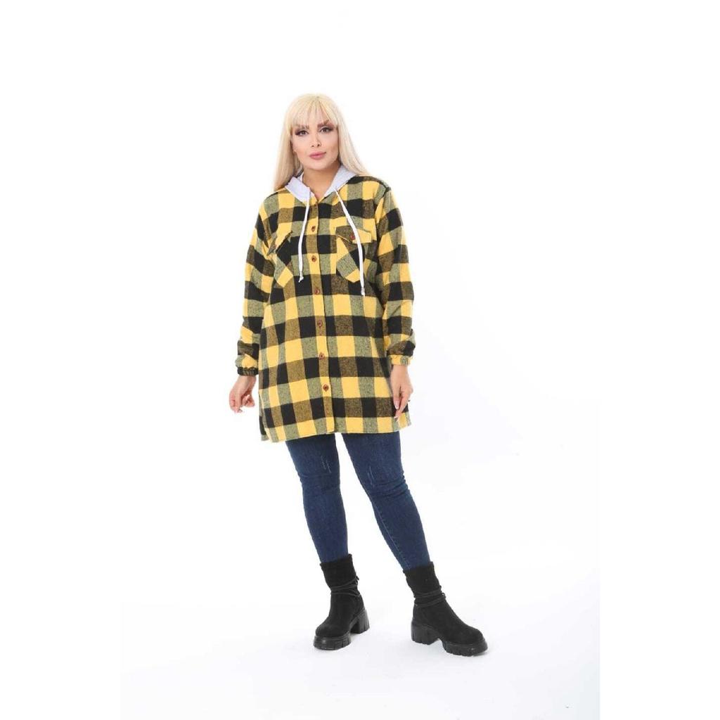 Large Size Cotton Lycra Hooded Shirt With Elastic Sleeves Buttons And Pockets Loose Cut Long Plaid Lumberjack Shirt