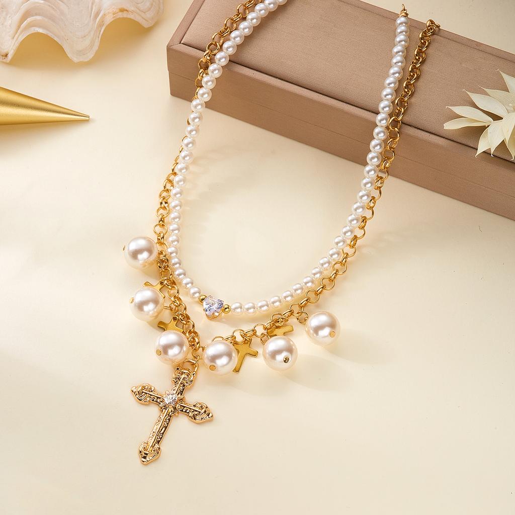 Luxury Baroque Imitation Pearl Cross Zircon Layered Necklace for Women Y2K Vintage Gold Plated Chain Choker Party Jewelry Gift