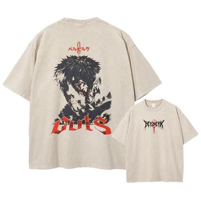 Baskılı Yıkanmış Tişört Anime Berserk Guts Grafik Streetwear Erkek Yaz Oversize Vintage Tişört Erkek Kısa Kollu Üstler