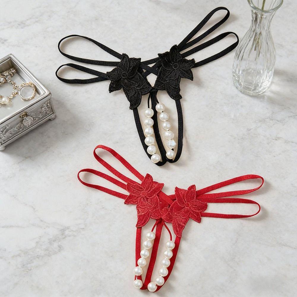 Low-waist Pearl Lace Underwear Open Crotch Mesh Lace Briefs Women's Bigsize Thong  Summer Spring