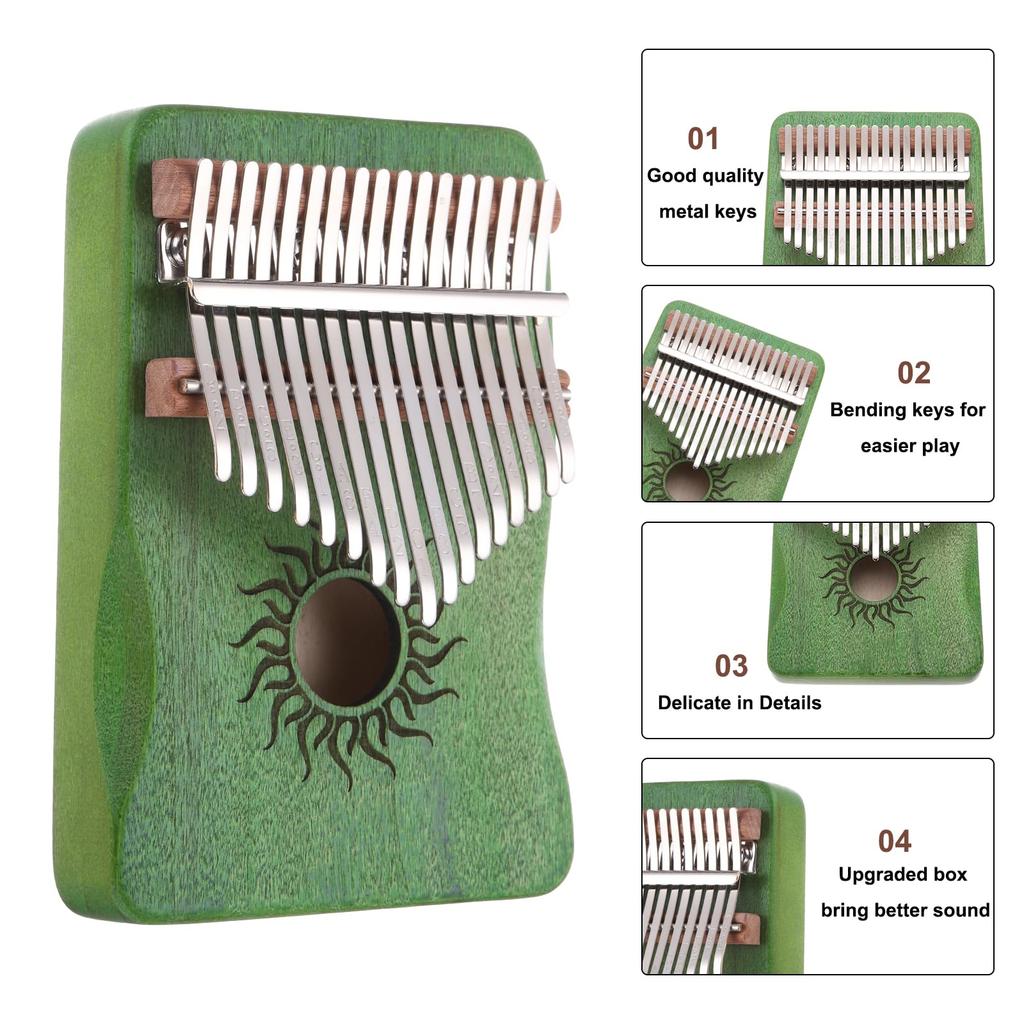 uxcell 17-Key Green Mini Portable Thumb Piano, Maple Wood with Sun Pattern, Protective Bag, Tuning Hammer, and Music Study Guide, Gift for Adults and