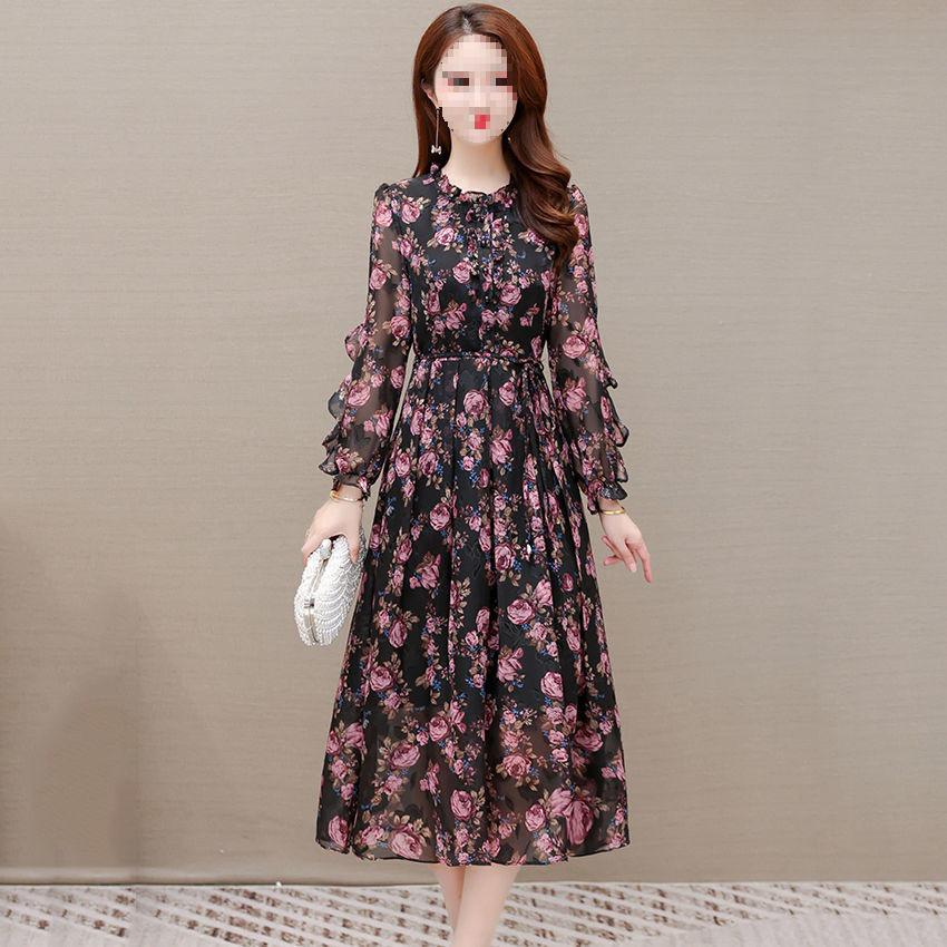 Women's Mid-Length Floral Chiffon Spring Dress - Waist-Slimming, Over-the-Knee, Long-Sleeved Fashion