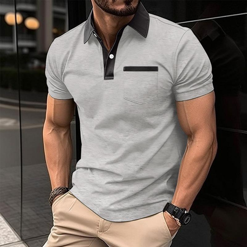 Men's Korean-Style Casual Lapel Fashion Slim-Fit Polo Shirt Pocket Patchwork Solid Color Short-Sleeve Top