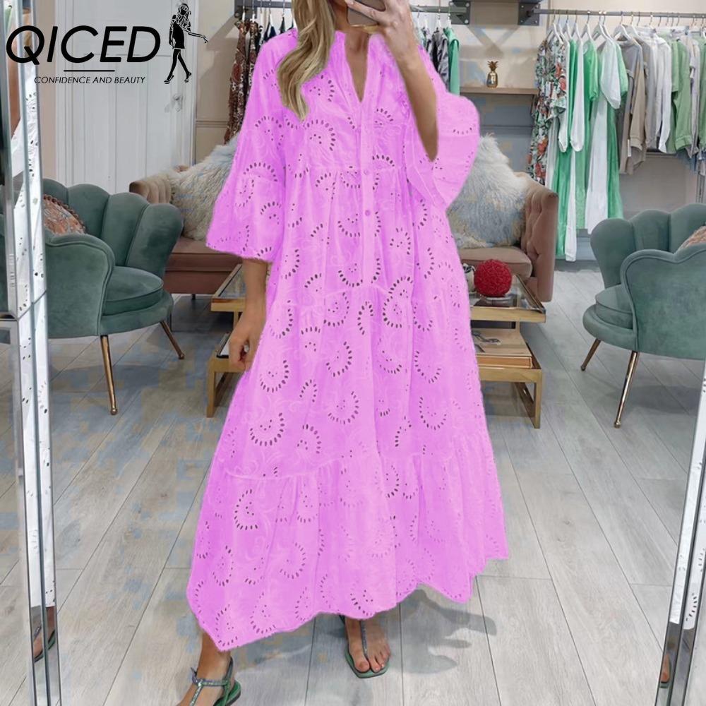 QICED 8 Colors S-5XL Women's Fashion Summer Spring Solid Color Print 3/4 Sleeve V-Neck Casual Dresses