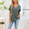 Women's Short Sleeve Henley V Neck Casual Top Loose Fit Ribbed Knit Blouse Tunic
