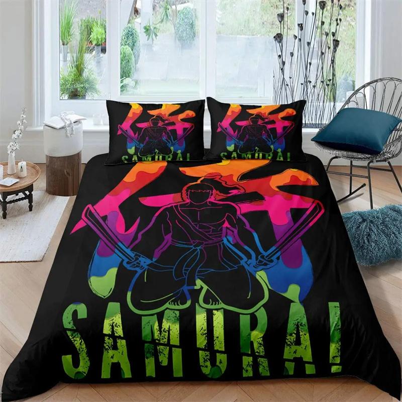 Samurai Bedding Sunset Povlak na přikrývku Japonská samurajská krajina Silueta Ložní prádlo Dekorace ložnice v japonském stylu pro muže Dárky