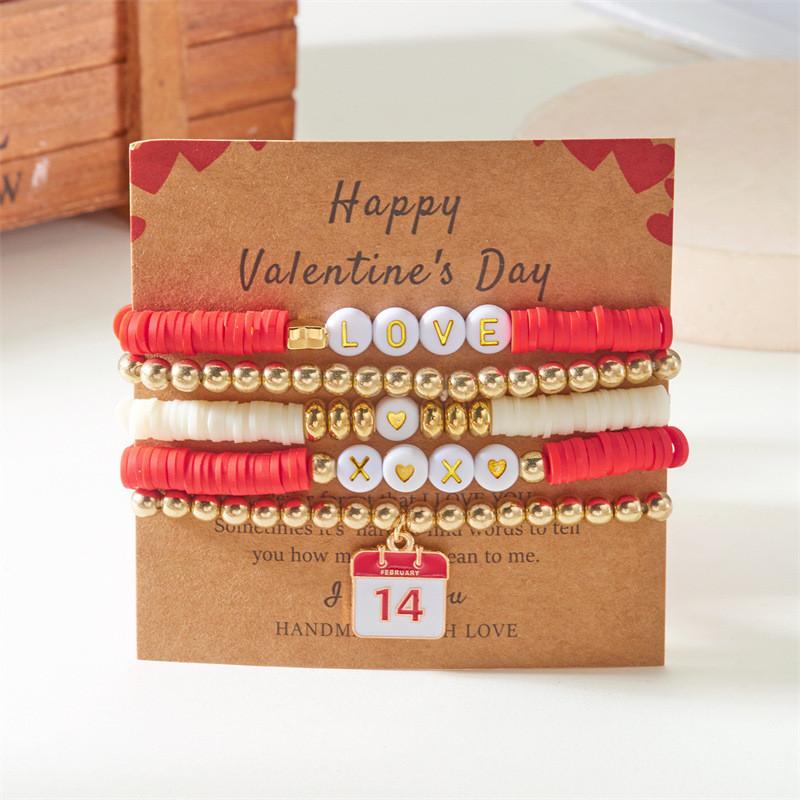 Love Heart Soft Clay Bracelets Set For Women With Pink Acrylic Letter Beads Hand Jewelry Gift