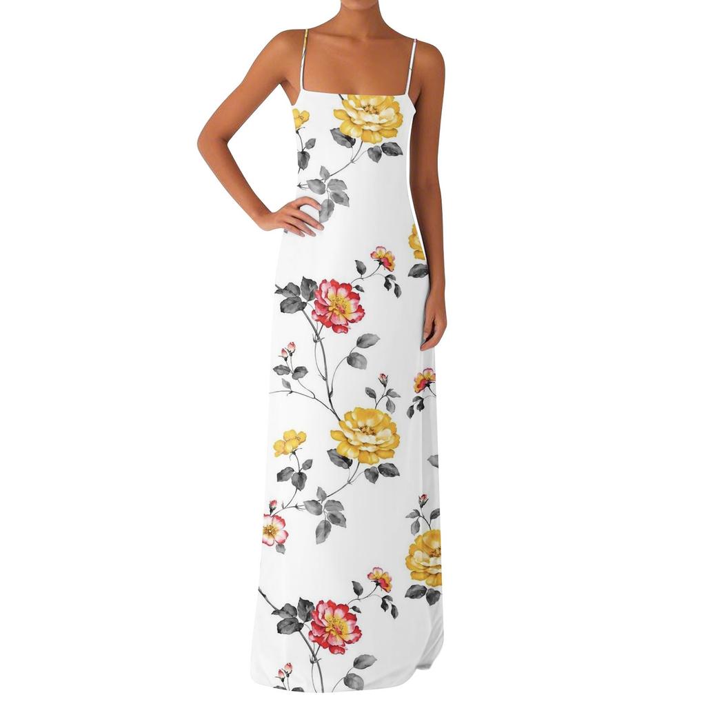 Damen Off-the-Shoulder Sexy Silky Floral Print Langes Kleid