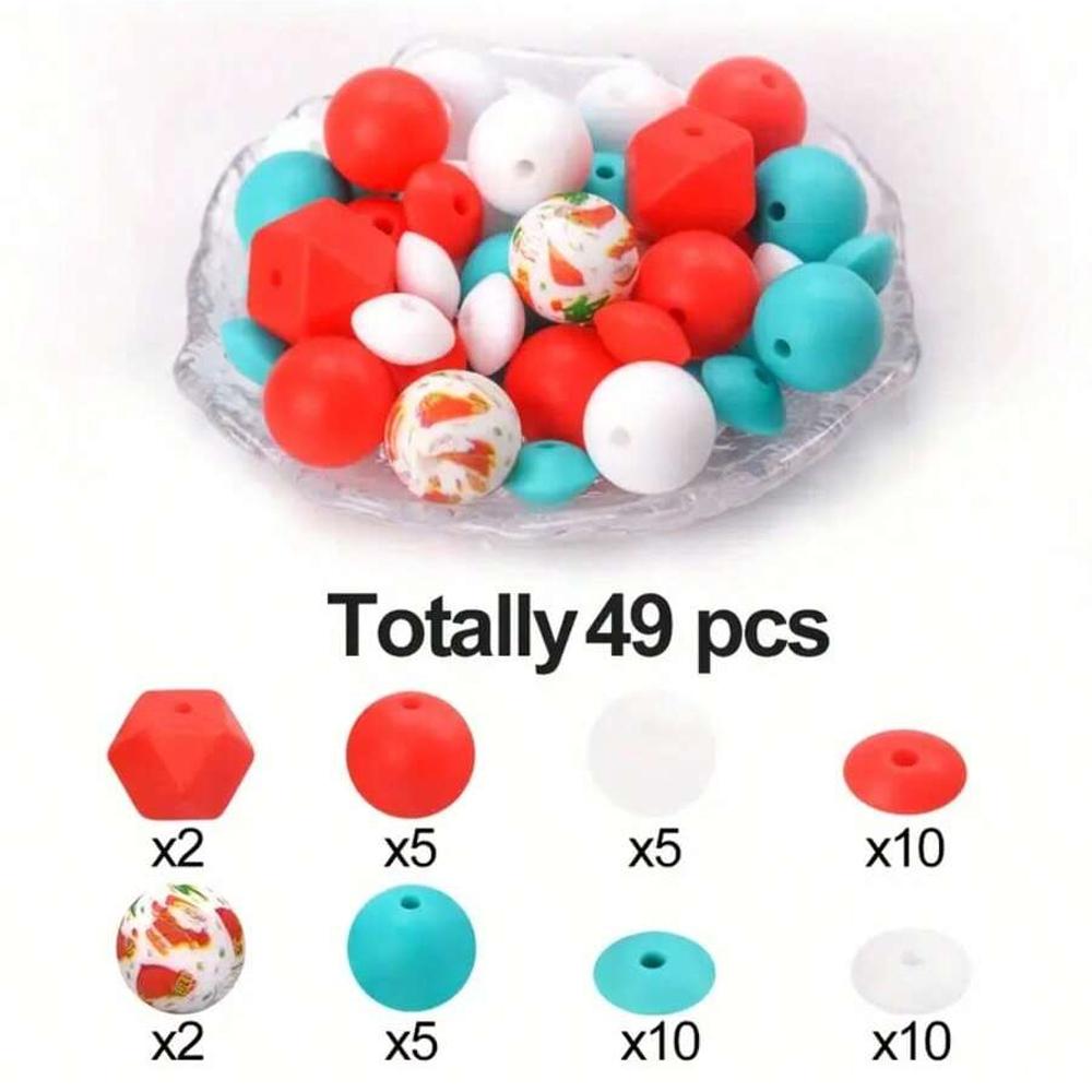 49PCS Bohemian style printed silicone beads, suitable for DIY handicrafts, creative keychains, bracelets, necklaces, etc