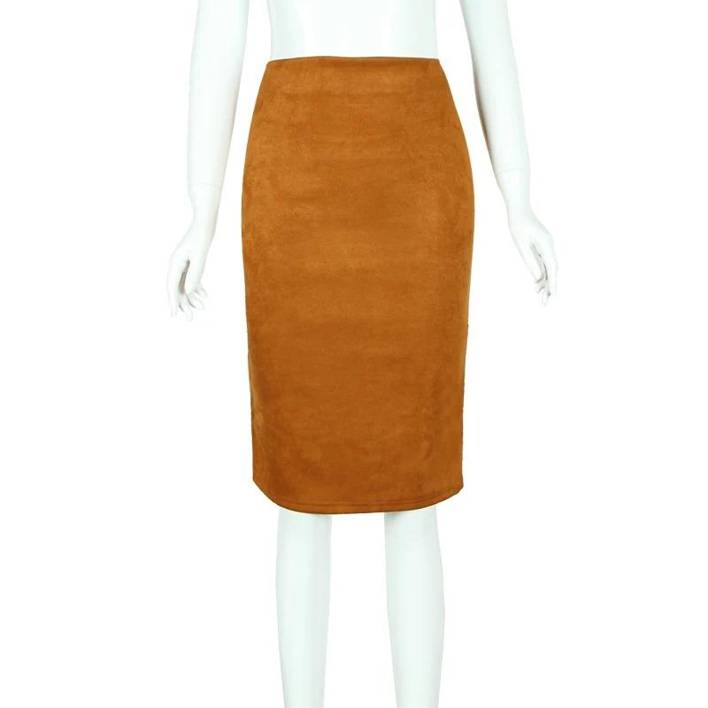 Autumn Winter High Waist Bodycon Vintage Suede Split Thick Stretchy Skirts Women Skirts Suede Solid Color Pencil Skirt