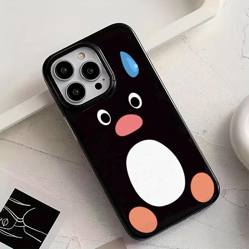 Ins Cute Sweating Penguin Glossy Black Phone Case for iPhone 17 16 15 14 13 12 11 Pro Max 14 Plus 16E Funny Soft Cover Fundas