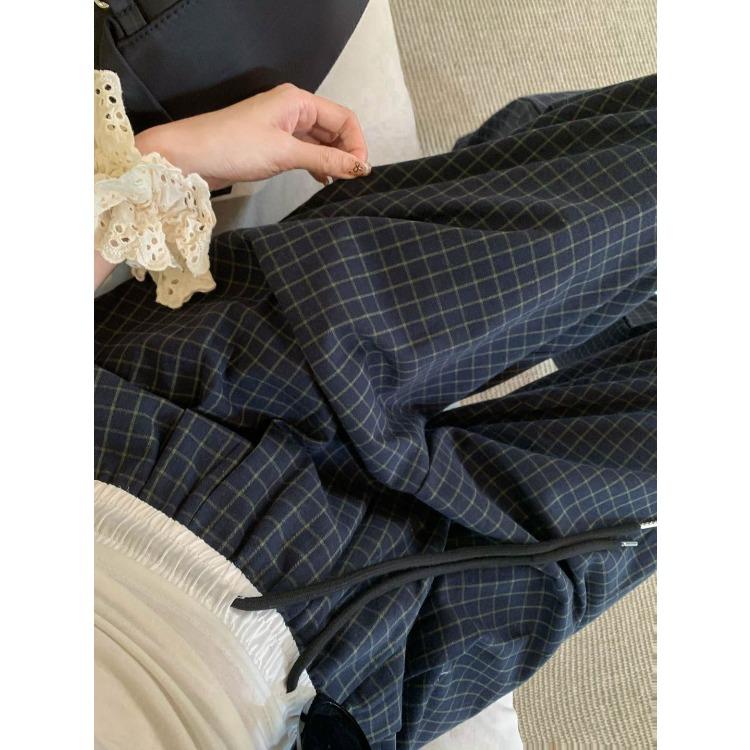 Summer Slimming Checked Loose-Fit Wide-Leg Casual Trousers for Women – Elasticated Waist with Drawstring Straight-Leg Trousers for Strolling