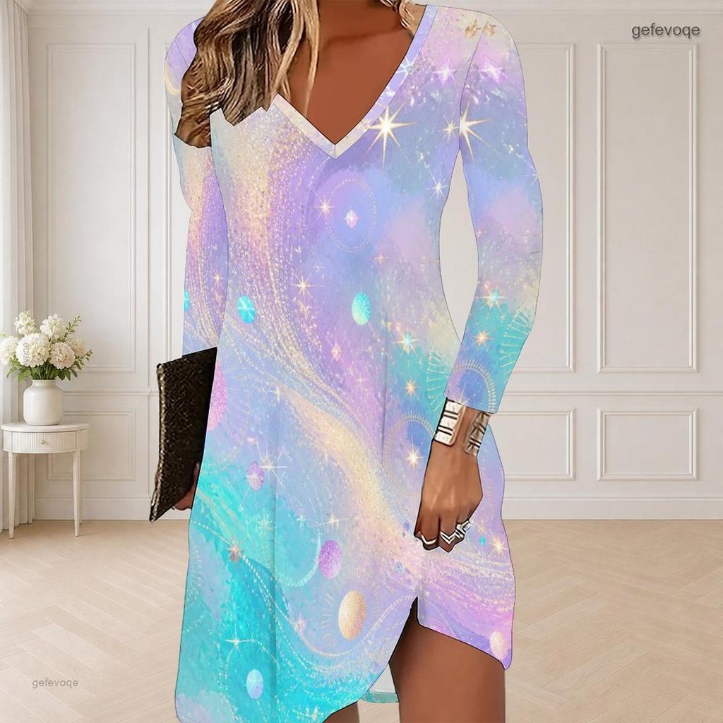 Women Plus Size V Neck Long Sleeve Printed Black Green Gold Curved Hem Dress