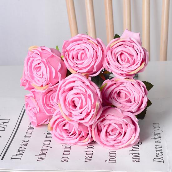 10 Heads Artificial Rose Flower Realistic Faux Silk Long Stem Rose Bouquet with Leaf for Home Kitchen Office Wedding Party Decoration
