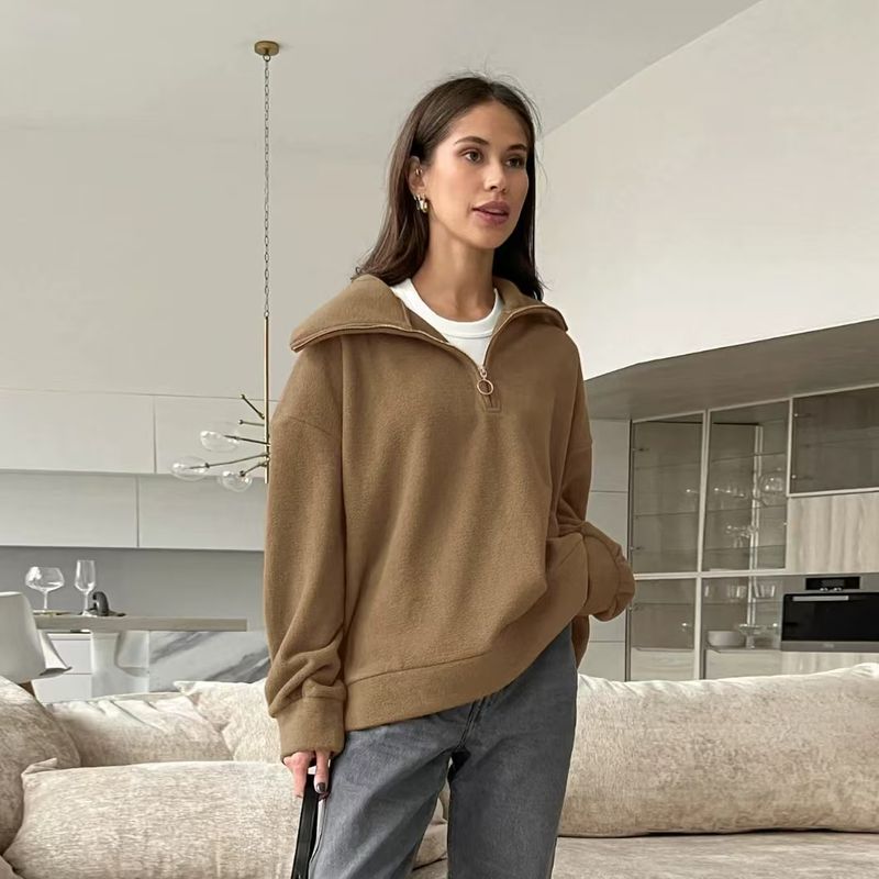 

Western Style Loose Casual Hoodie All-Match Lapel Sports Top Half Zip Loose Casual Top Brown L
