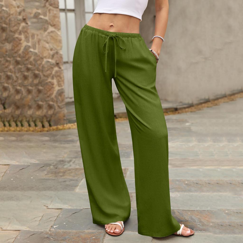 Women's Summer Casual Wide Leg Pants Elastic Waistband with Drawstring Pockets Lightweight Loose Fit Lounge Trousers for Everyday Wear