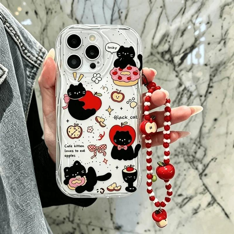Cute Cat With Apple Fruit Chain Case For Google PIXEL 7 8 9 10 Pro XL 7A 8A Soft Silicone Wave Side Cartoon Cover