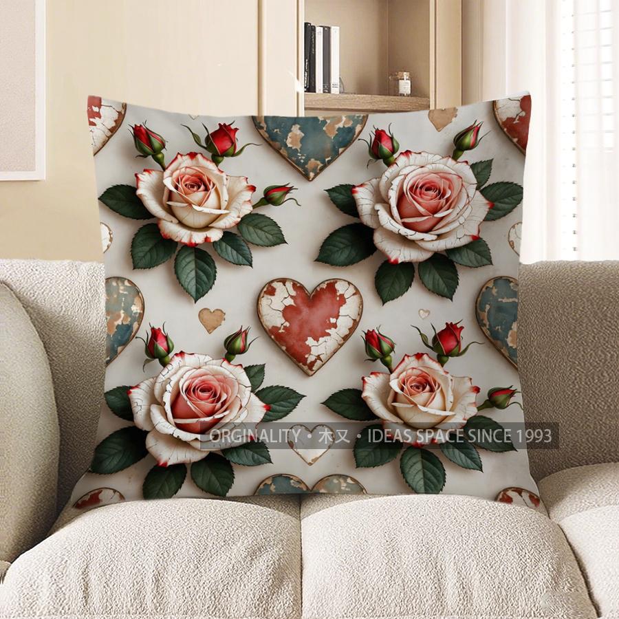 2D Rose & Heart Pattern Decorative Pillow Covers Pattern Cushion Cover Suitable For Sofa Bedroom Car Pillow Cover